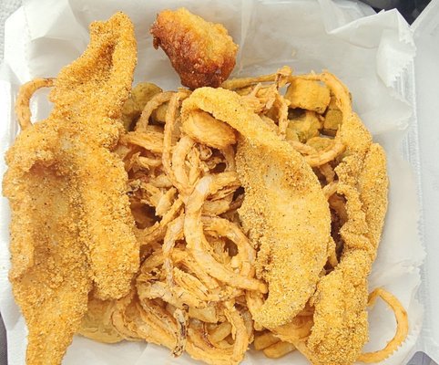 Catfish Dinner (Catfish, onion rings, fries, okra, hushpuppy)