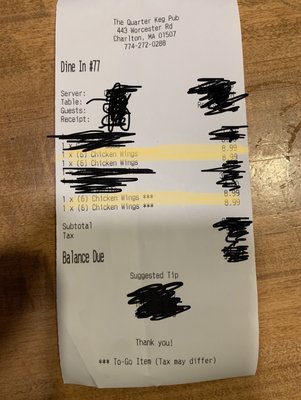 Receipt for the wings