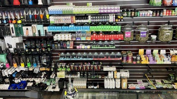 All the latest and greatest electronic devices for smoking vaping or infusing. Right next to our cannabinoid wall offering CBD CBG & Delta8