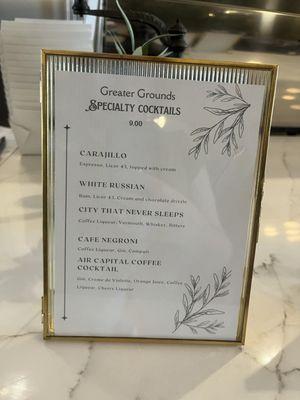 Specialty cocktail menu