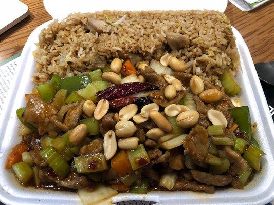 Lunch special Kung Pao beef with chicken fried rice. It's about 3/4ths veggies, 1/4th meat, but since the portion is so huge it's all good.