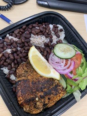 Salmon, white rice, black beans, and a side salad