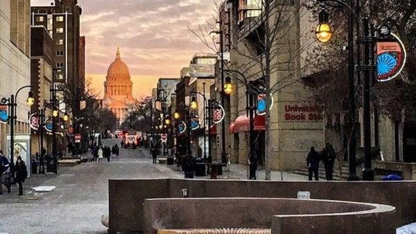 A beautiful morning view of the Wisconsin State Capitol building from Library Mall.