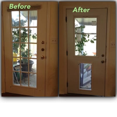 The customer wanted a new door installed along with a doggy door to accommodate for her dogs. Needless to say they were happy.