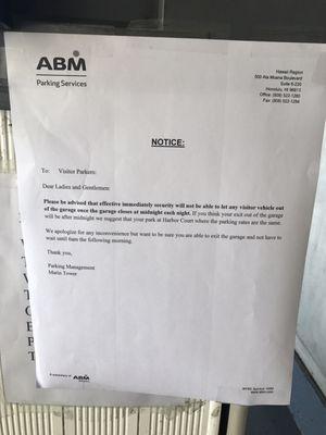 For those that park at ABM Parking Marin Tower, they no longer allow parking after 12am.