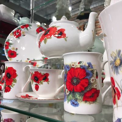 Cups with saucers, fine bone china , teapot, plate