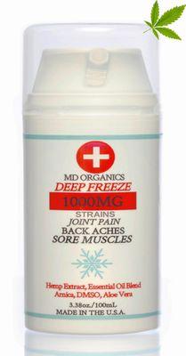 Deep Freeze CBD Sports Cream. DMSO, Arnica, Essential Oil Blend, Menthol, and Camphor.