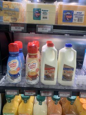 Coffee creamer priced at $7.99. Half a gallon of milk at $4.99.