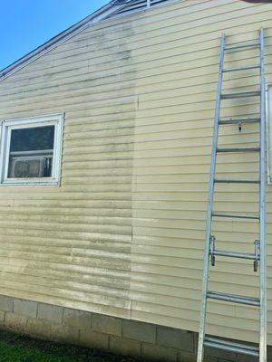 Before and after of a dirty house, or siding cleanser, will have it looking brand new!