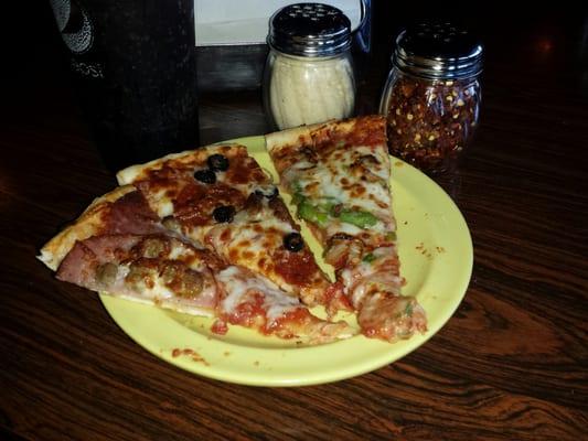 Fresh and hot, the lunch buffet allows guests to try these classic thin crunchy old school pizza pies.