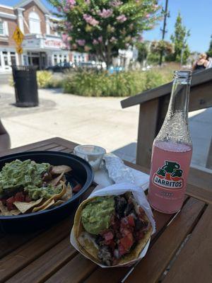 Guac and chips, steak taco, jarritos (guava)