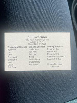 A1 Eyebrows list of services as of 2023, and there's more!! give them a call, great service and great results