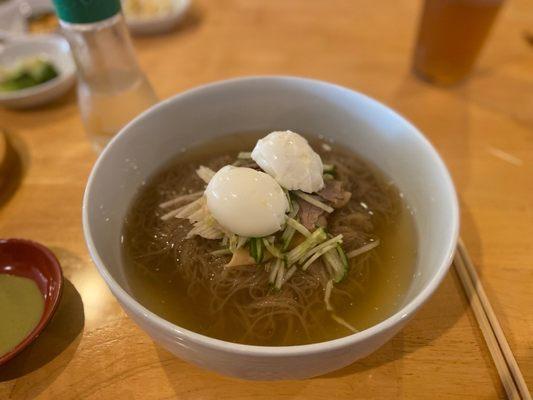 Cold naengmyeon noodles great for summer. It's a vinegar with beef broth.