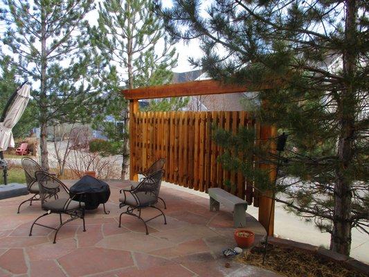 Cedar Single Rail Pergola Red Flagstone Hardscape Patio