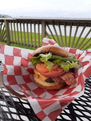 Bacon cheese burger and a view.