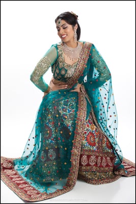 Teal floral bridal lehenga. For more info contact riitifashions@gmail.com, 408-368-8486