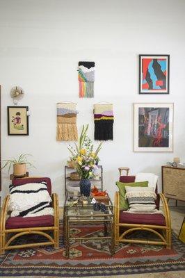 Vintage rattan furniture, and wall hangings.