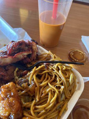 Chow mein, teriyaki chicken, orange chicken, Thai tea