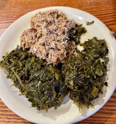 Pulled bbq, and collard greens.