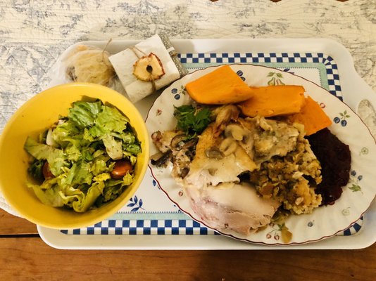 Fresh salad, baked chicken, stuffing, sweet potatoes and cranberry sauce. There was absolutely nothing processed about this meal. So good!