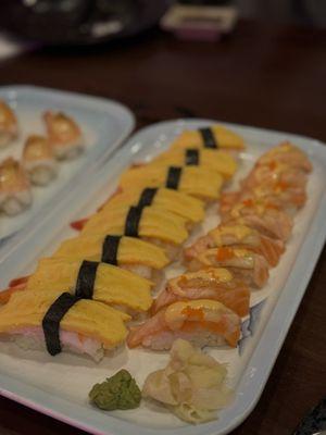 Egg Shrimp & Cheese Salmon Nigiri