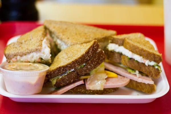 Veggie Chicken Salad Club Sandwich, with Jamon Fudd (Fudd ham), cheddar chese, and fresh lettuce.