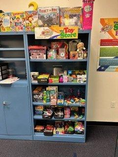 Students earn grab bags they can use to purchase toys and gift cards monthly from our toy store!