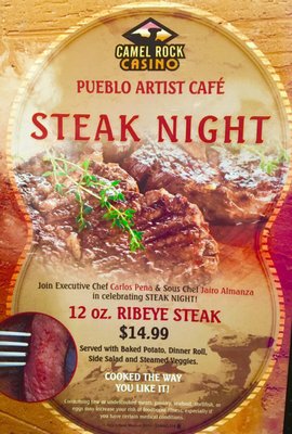 Steak Night every Saturday.12oz thick Ribeye baked potato & veggy-$15