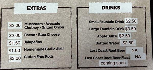 Extras that you can add on sandwiches, and out beverages options (no alcohol at all)