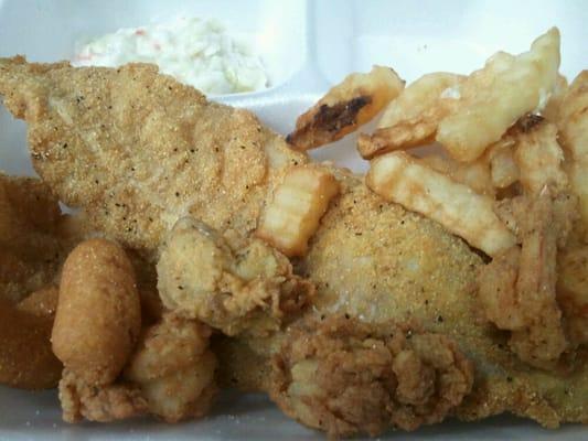 Lunch special 3.99: 2 fish,2 shrimp,2 oysters,2 hush puppies, fries and colter slaw.