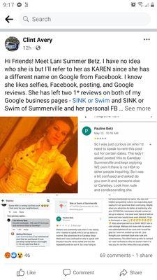 Clint Avery Facebook with MY Review and photo posted to his media with Threats from his friends to me and harrassment if I dont pull review