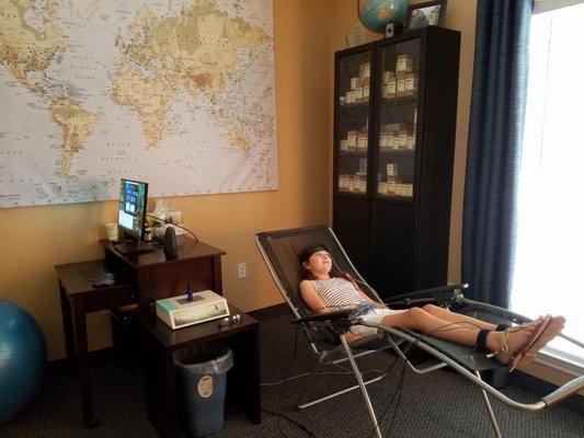 Client relaxing during a biofeedback session...you can sleep, rest or talk... :)