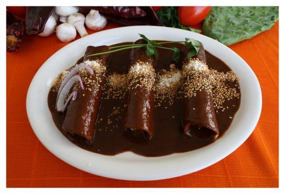 Mole Enchiladas. Served with your choice of meat (chicken and ground beef the most popular ones) or just Queso Fresco.