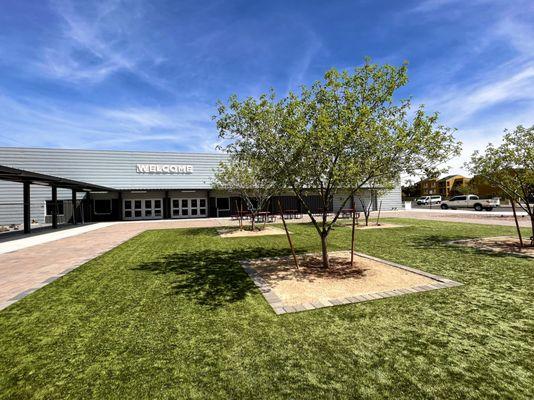 View of our outdoor courtyard facing the main entrance.