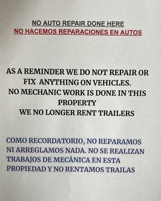 NO MECHANICAL WORK / NO TRAILER RENTAL