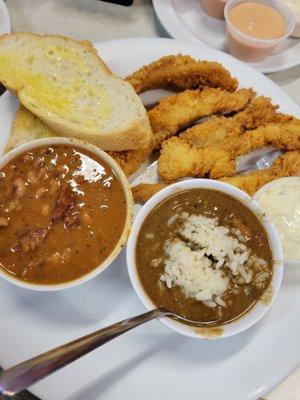 Catfish plate with gumbo Yaya and jalapeño black eye peas