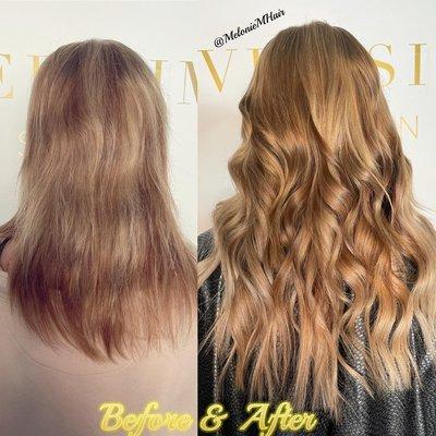 Custom colored tape-in extensions by Melonie