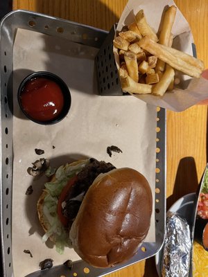 Mushroom Swiss burger and fries