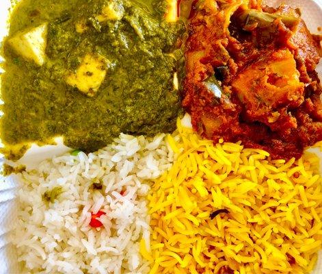 Saag paneer(spinach&cheese), eggplant and potato, white and yellow basmati rice