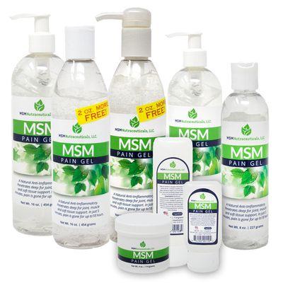 MSM Pain Relief Gels in 6 different sizes. Pain relief in 5 to 10 minutes and lasts for 8 to 18 hours.