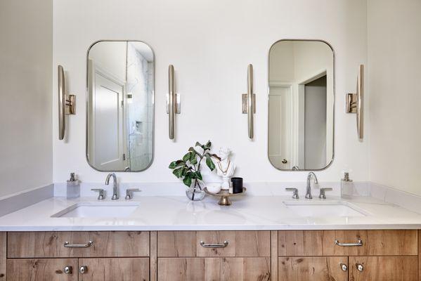 His and Hers Bathroom Vanity with the perfect Lighting, Faucets, Knobs and Pulls. Create something beautiful to wake up to.