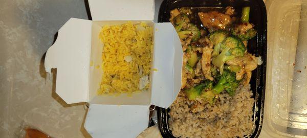 Chicken fried rice and chicken with broccoli