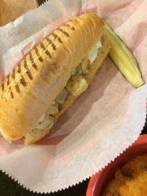 DT Ultimate Garlic Chicken Sandwich with pickle. There was another pickle spear inside the sandwich.