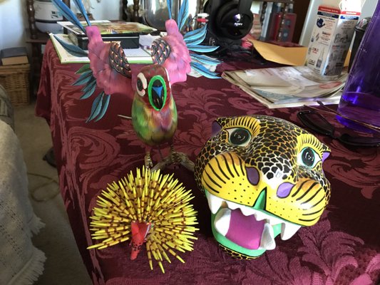 Alebrijes (porcupine, parrot, and jaguar)