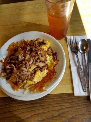 Egg sausage and cheese bowl, smothered and capped