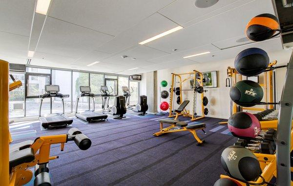 Fitness center with floor to ceiling windows, strength training and cardio equipment.