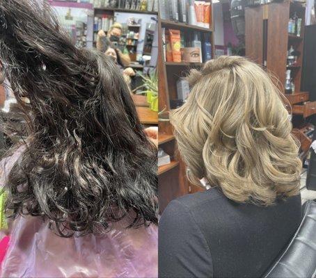 Before--black box dye, dry hair! After-- Ash blonde with highlights and a light brown base!