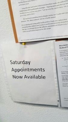 Saturday appointments are now available