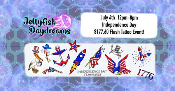 Join us for our Fourth of July Flash event tomorrow from 12-8pm! It is first come, first serve and you must be 18 or older to be tattooed!