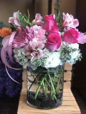 Pink Love - pink and white makes for pretty and pink!  Pink Roses - Hydrangeas - Pink Astros - greenery.